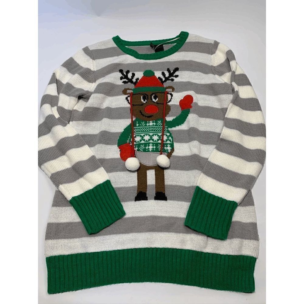 New Directions Women Reindeer Sweater Soft Knit Long Sleeve Acrylic Green Large